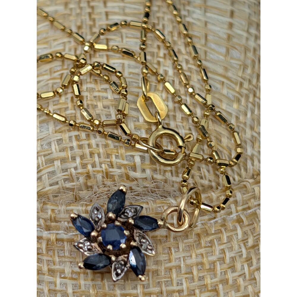 Solid 14K Gold Natural Blue Sapphire & Diamond Flower Pendant Necklace 585 Italy - Picture 3 of 16